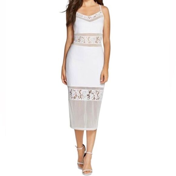 French Connection Lucky Layer Lace Inset Bodycon Midi Dress in White Women’s 2 - Picture 1 of 10